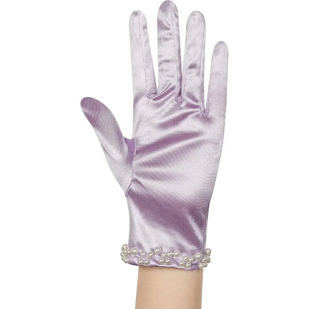 Women's Lavender Satin Pearl Short Length Gloves Wedding Banquet Party Prom